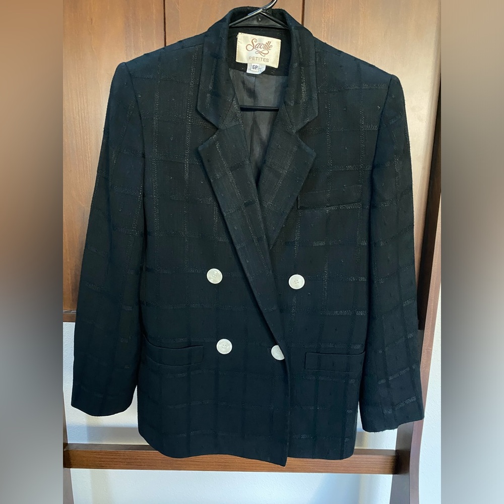 VTG Saville Black Checked Double Breasted Blazer w/White Buttons (Size:6p) - Picture 3 of 16